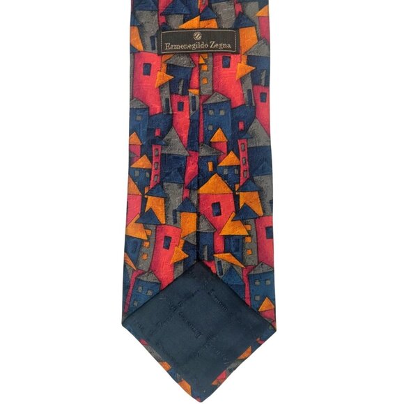 Ermenegildo Zegna 100% Silk Tie Geometric Buildings Vibrant Primary Colors Italy - Picture 3 of 5